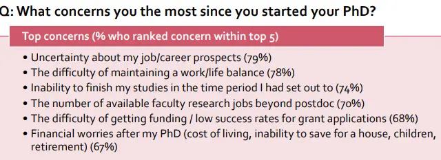 The picture explains top concerns of PhD students, reported in Nature's 2019 PhD students survey. It explain the points on why a PhD is hard